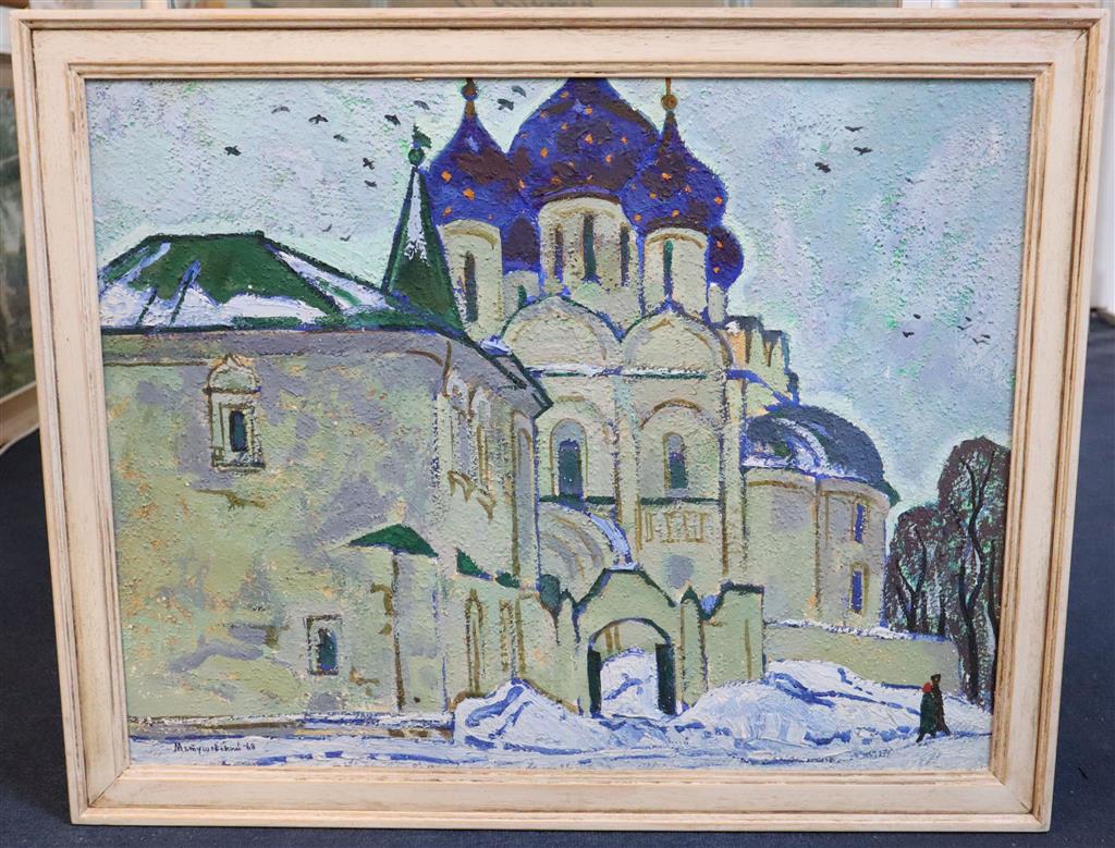 Yuri Matushevski (Russian, 1930-1999) Orthodox church in winter 21 x 27in.